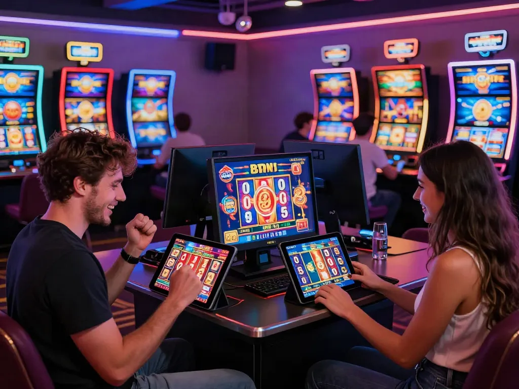 Exciting non gamstop slots gaming scene with players celebrating wins on digital devices in a neon-lit casino.