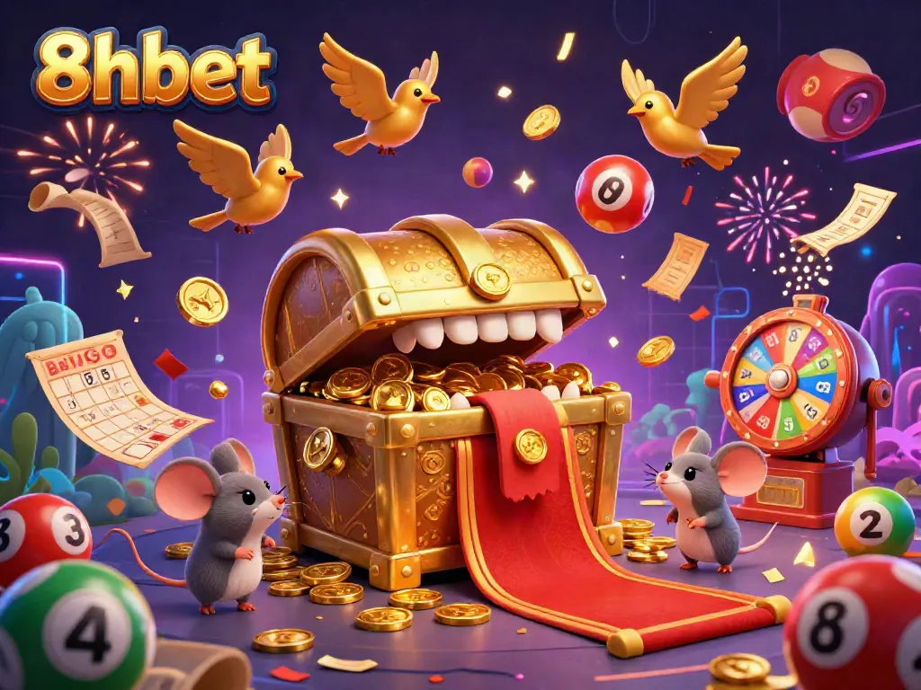 Experience thrilling adventures at 8xbet with a vibrant 3D illustration of treasure chests, lottery balls, and more.