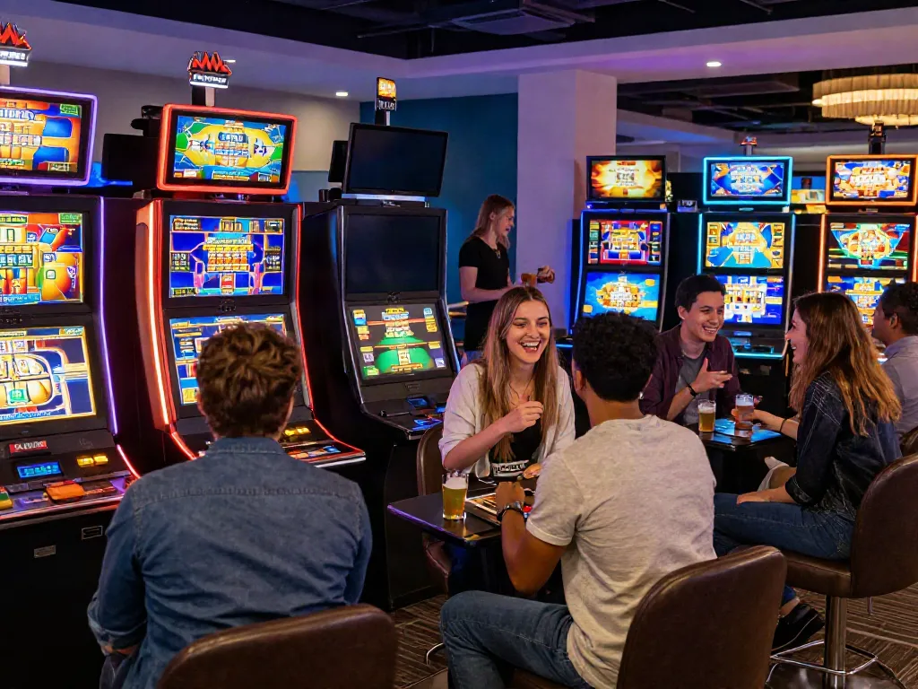 Friends enjoying non gamstop slots at a lively gaming lounge with modern decor.