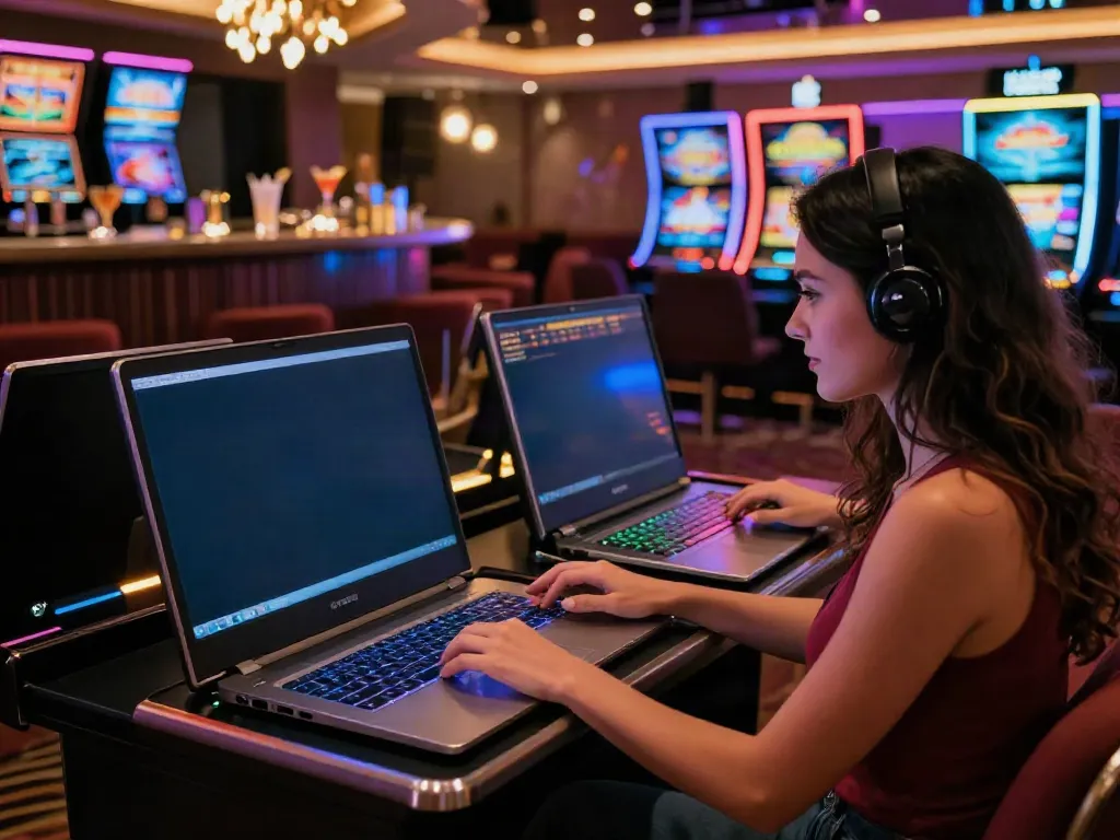 Exciting non gamstop slots gameplay scene in vibrant casino setting with player and colorful graphics.