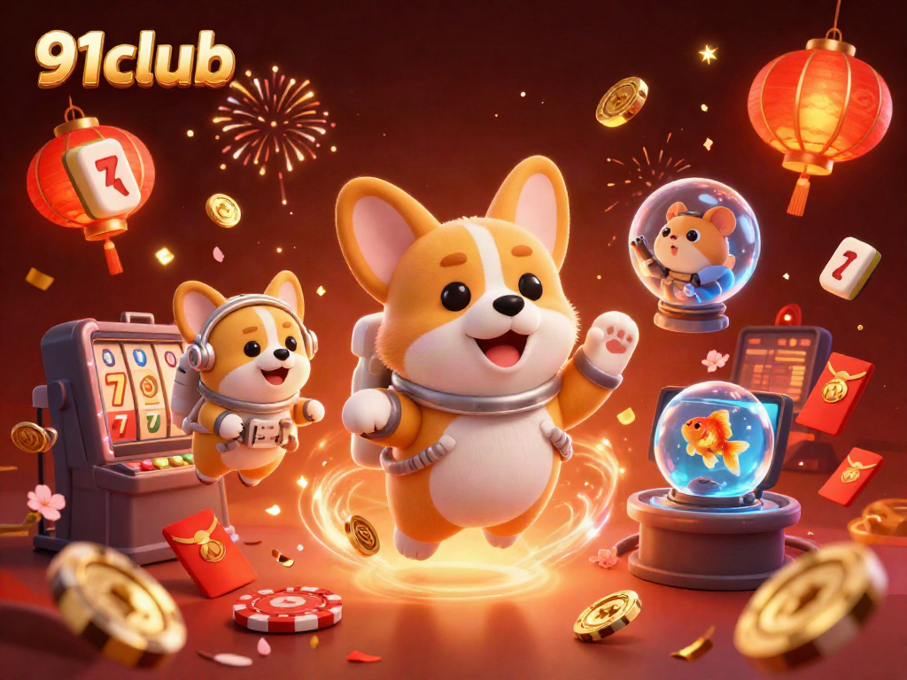 Engage with 91club in a vibrant casino space featuring floating characters and gaming elements.