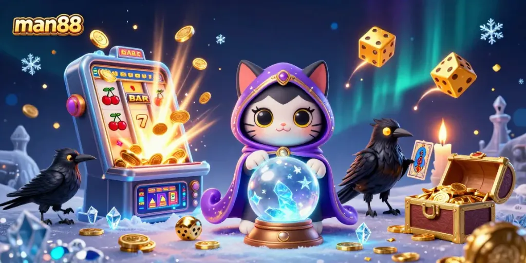 Spin the reels at man88 with a vibrant jackpot-themed 3D illustration featuring intriguing characters and dynamic casino elements.