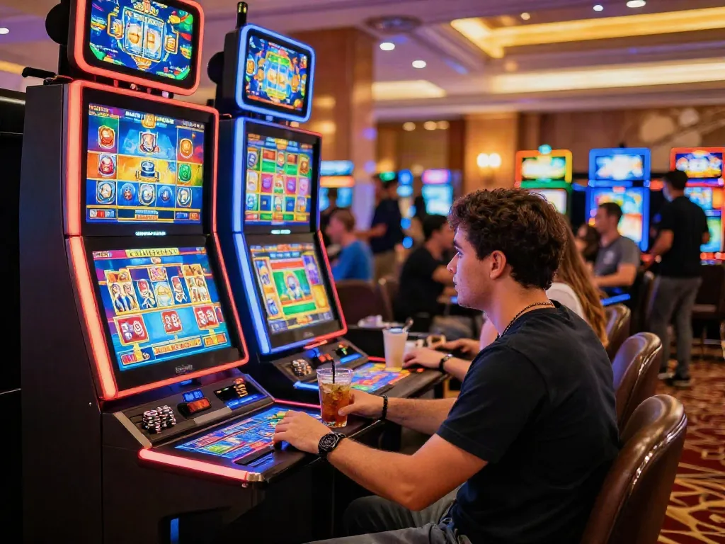 Engaging moment of a player enjoying non gamstop slots, with vibrant casino ambiance and colorful slot machine lights.