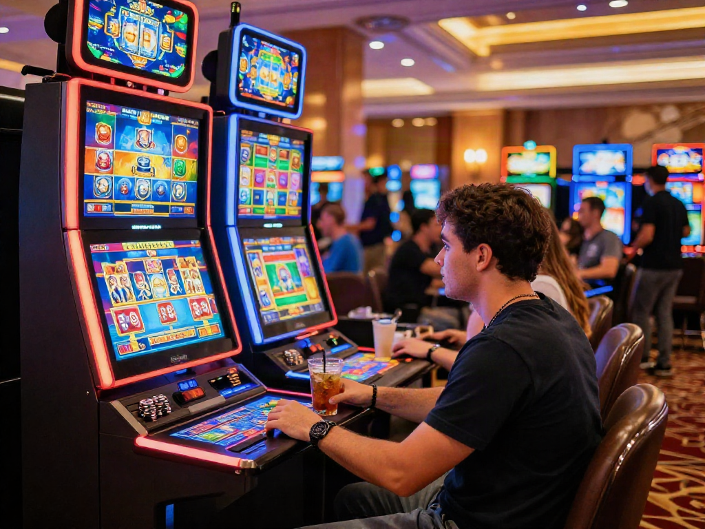 Engaging moment of a player enjoying non gamstop slots, with vibrant casino ambiance and colorful slot machine lights.