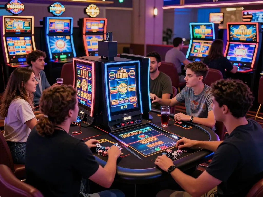 Group enjoying non gamstop slots at a lively online casino table.