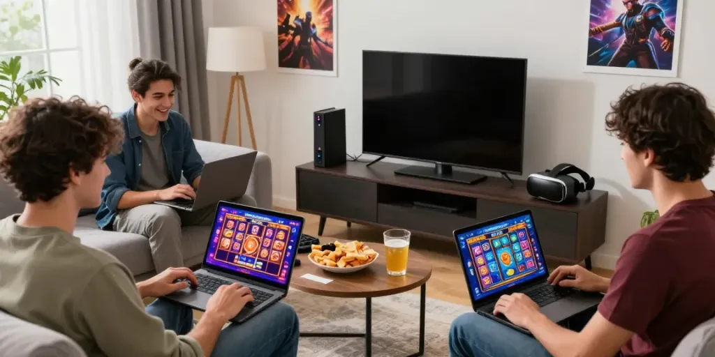 Friends enjoying exciting gameplay of non gamstop slots in a cozy living room setting.