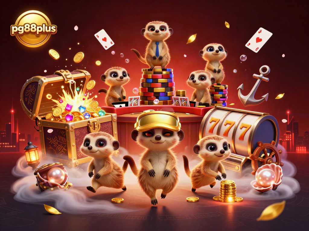 Engage with pg88plus as meerkats run a vibrant casino scene featuring dynamic game elements.