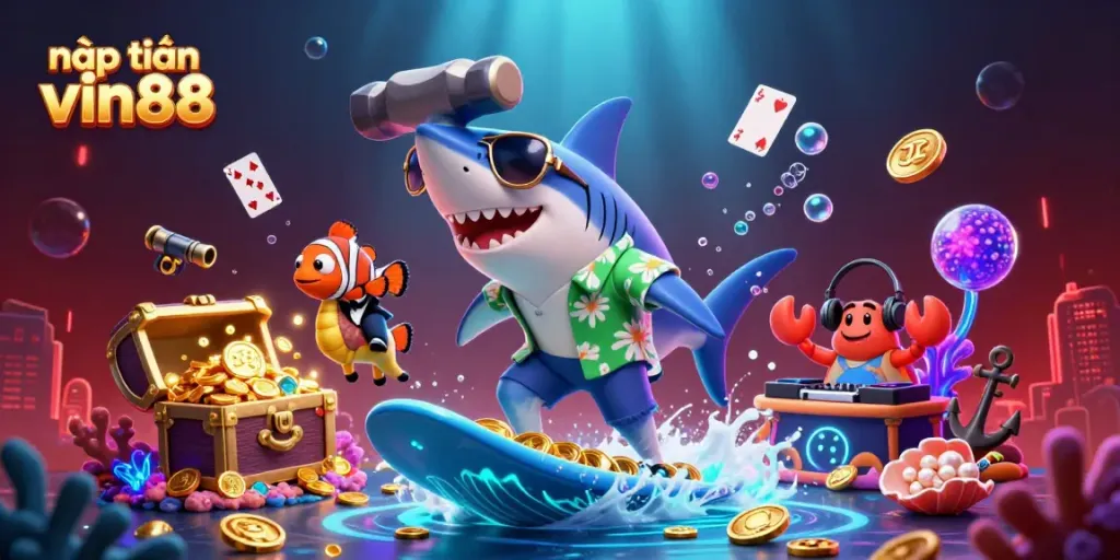 Win big with nạp tiền vin88 as a 3D shark surfs gold coins, showcasing vibrant casino elements.