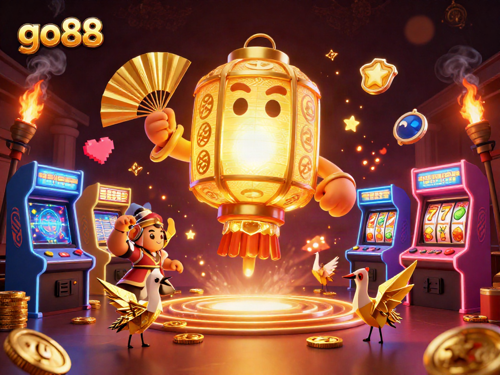 Engage with the go88 gaming experience featuring a vibrant casino scene with golden lanterns and playful spirits.