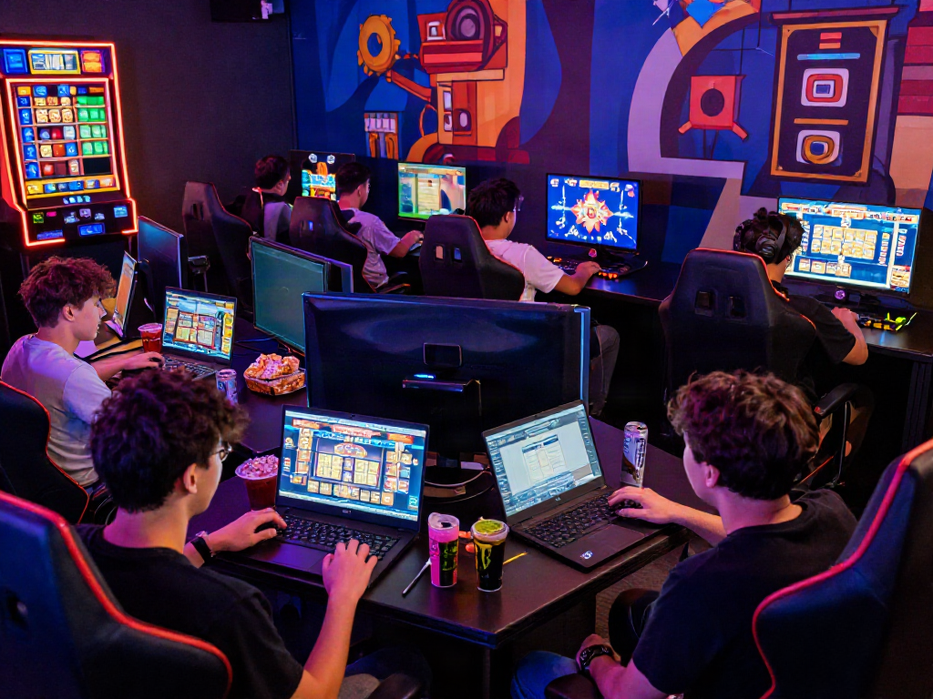Diverse players enjoying non GamStop slots in a vibrant gaming lounge filled with energetic LED lighting and modern decor.