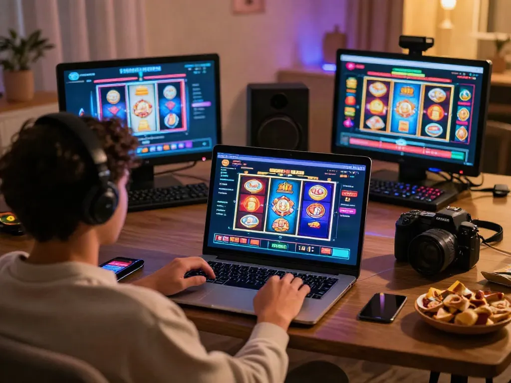 Immersive gaming experience with non gamstop slots on a laptop, featuring colorful virtual casino graphics.