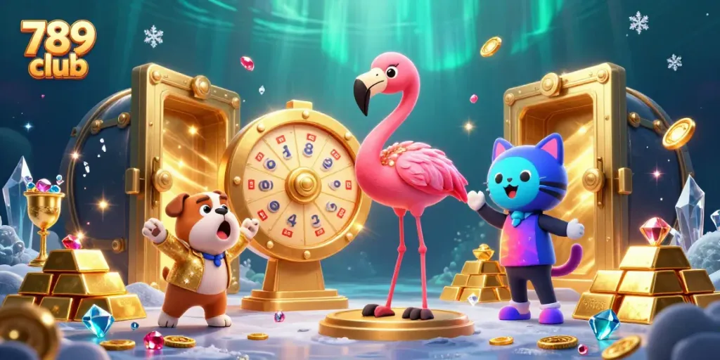 Spin to win at 789 club with prizes and golden treasure in this dynamic casino illustration.