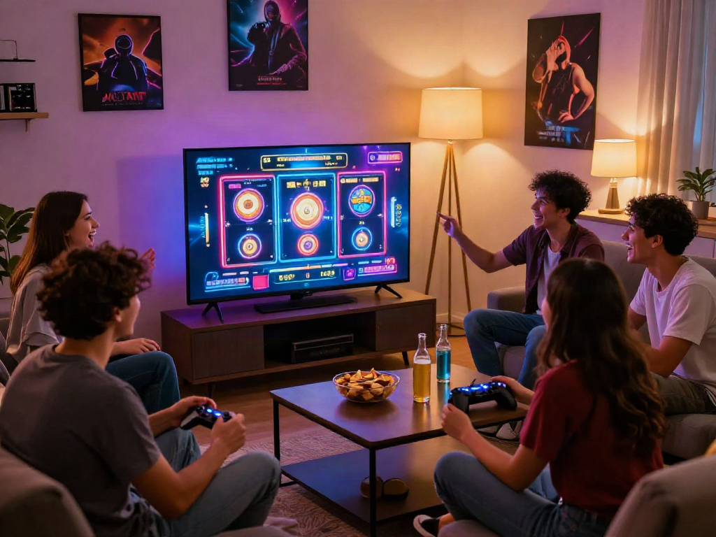 Friends enjoying an exciting gaming night featuring non gamstop slots in a cozy living room.