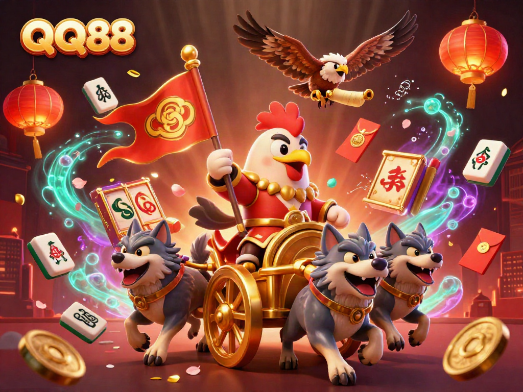 Experience exhilarating gaming action with QQ88, featuring a dynamic casino illustration of iconic characters.