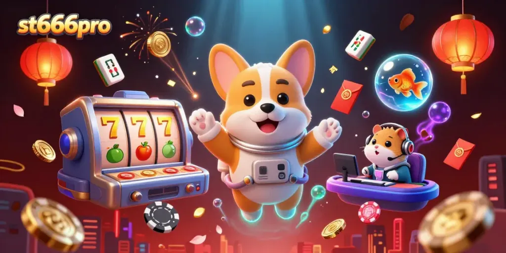 Enjoy the exciting atmosphere of st666pro with a 3D casino scene featuring floating characters and vibrant gaming elements.