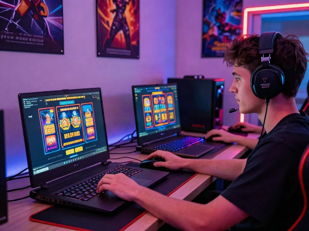 Player enjoying non gamstop slots on a gaming laptop in a vibrant room.