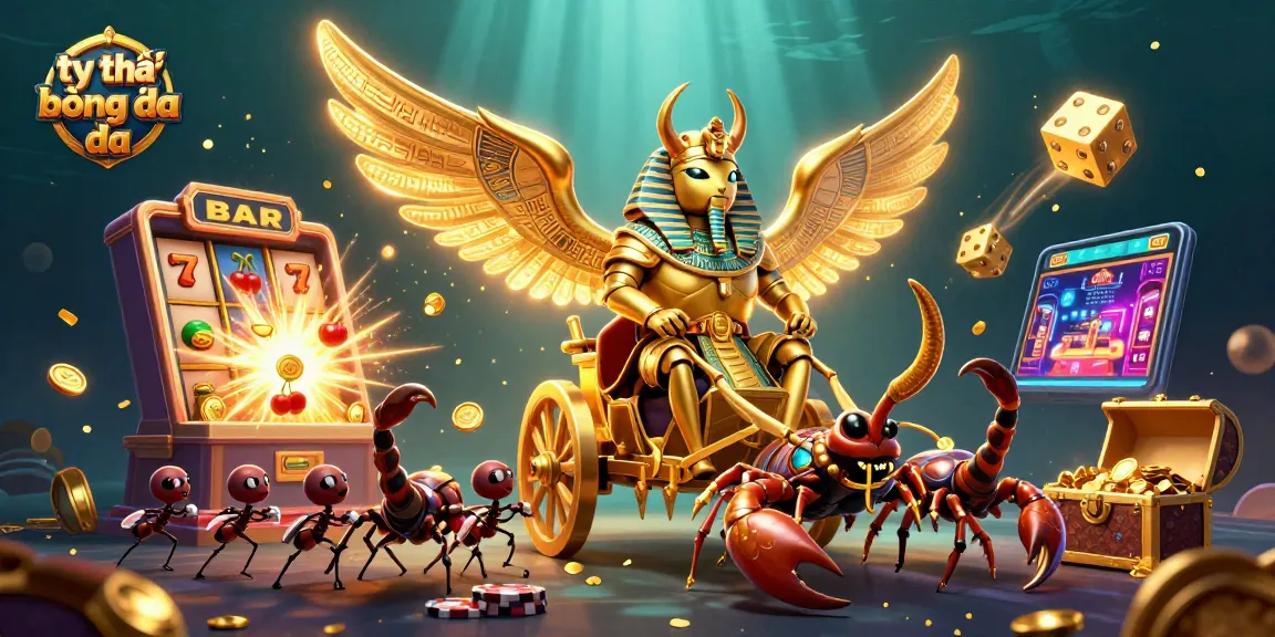 Bet on tỷ lệ bóng đá with a dynamic 3D illustration of a golden beetle and casino elements.