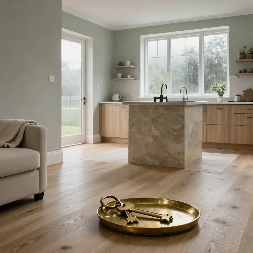Cinematic show home interior with brass key tray, oak floor, stone island and pale sofa.