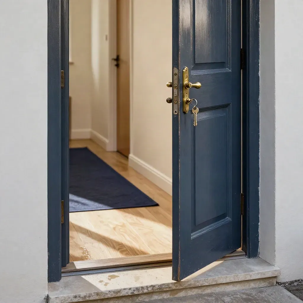 Half-open home door with brass key in lock, bright hallway beyond, morning light