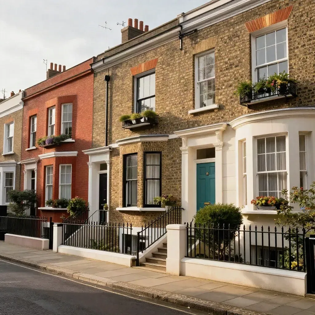Three shared-ownership homes on a UK street with neat gardens and varied brick facades