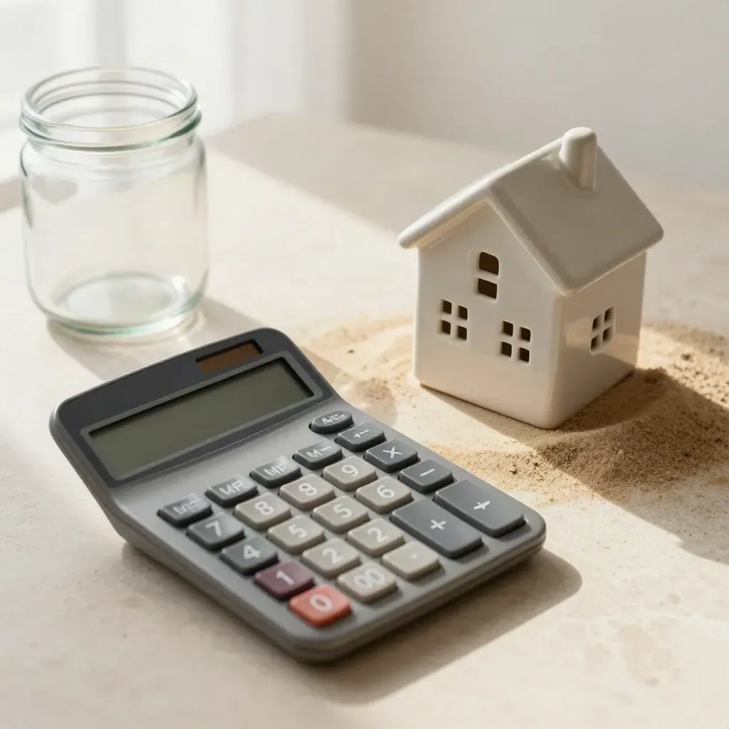 Top-down mortgage kit with calculator, ceramic house model and savings jar on travertine.