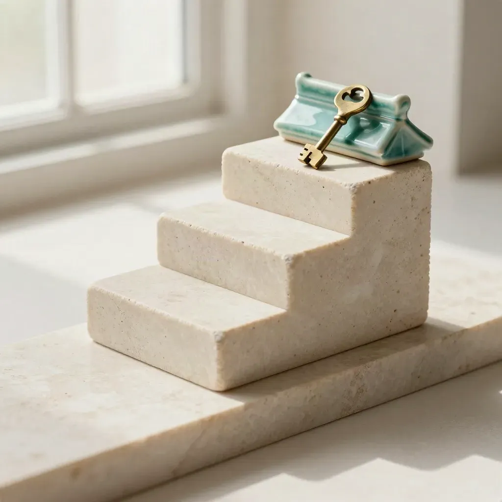 Stone blocks step upward beside a tiny roofline fragment and brass key on a pale ledge.