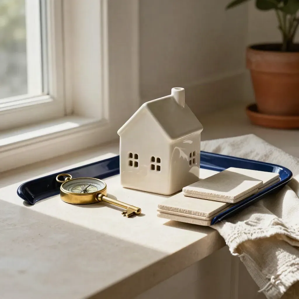 Ceramic house model with brass key, compass, and stone tiles in warm daylight.