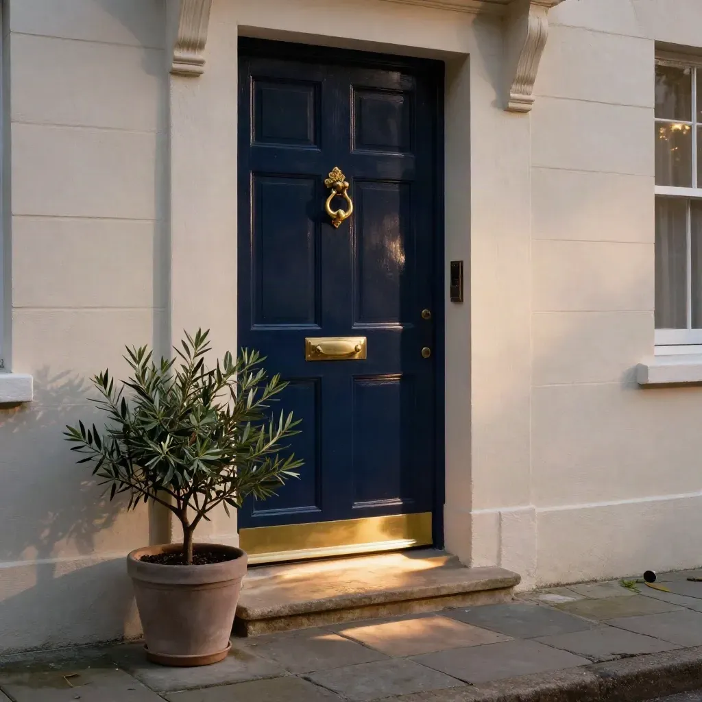 Low-angle view of a converted flat door with brass hardware, navy paint, and a fresh potted plant in mist.