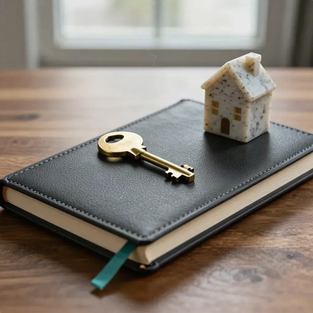 Macro still life of a charcoal notebook, brass key and house paperweight on a walnut desk.