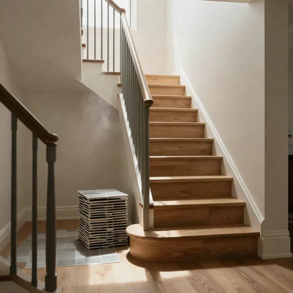 Modern Bristol staircase landing with oak treads and stacked ceramic tiles in soft daylight.