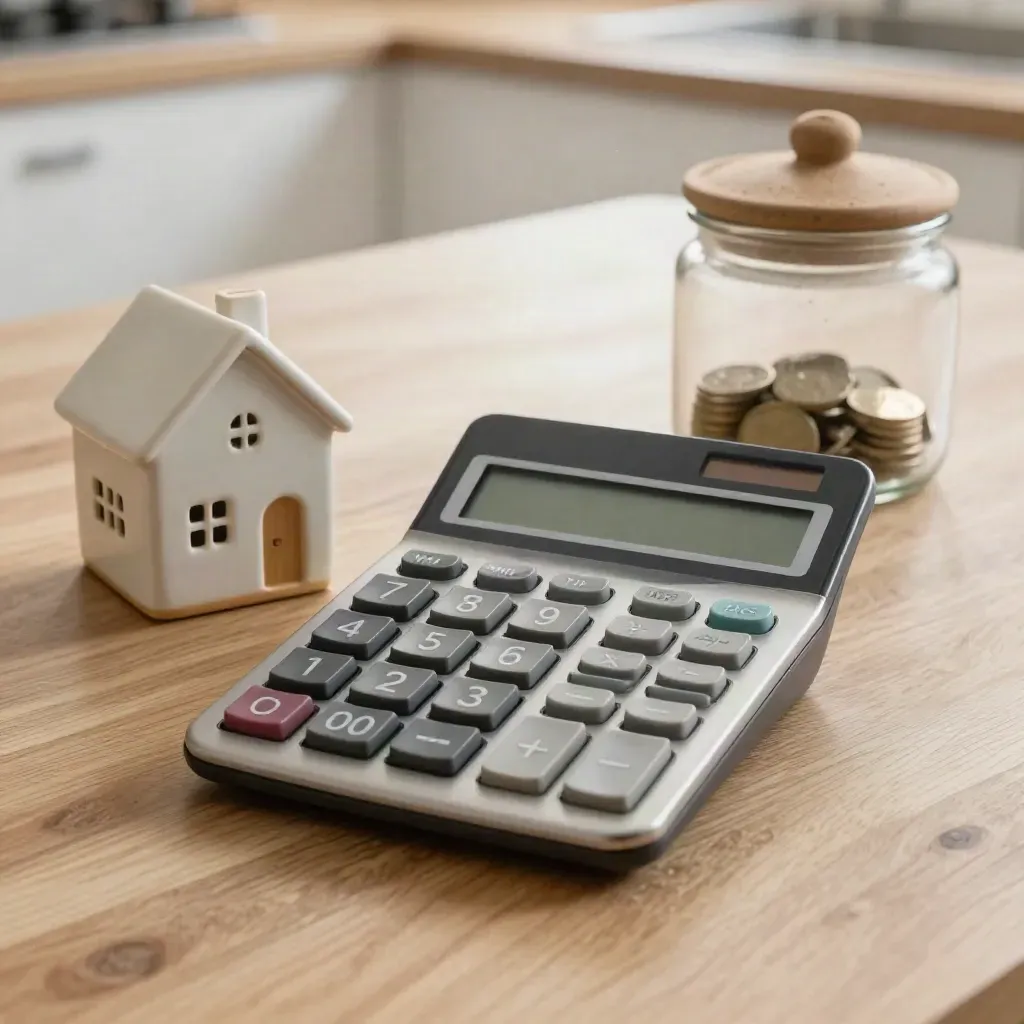 Calculator, ceramic house and frosted savings jar on a sunlit oak surface