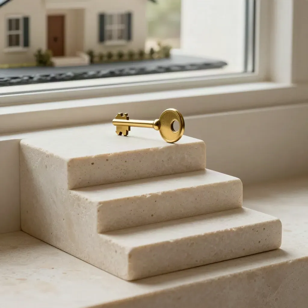 Limestone steps and a brass key on a travertine shelf, lit dramatically from behind