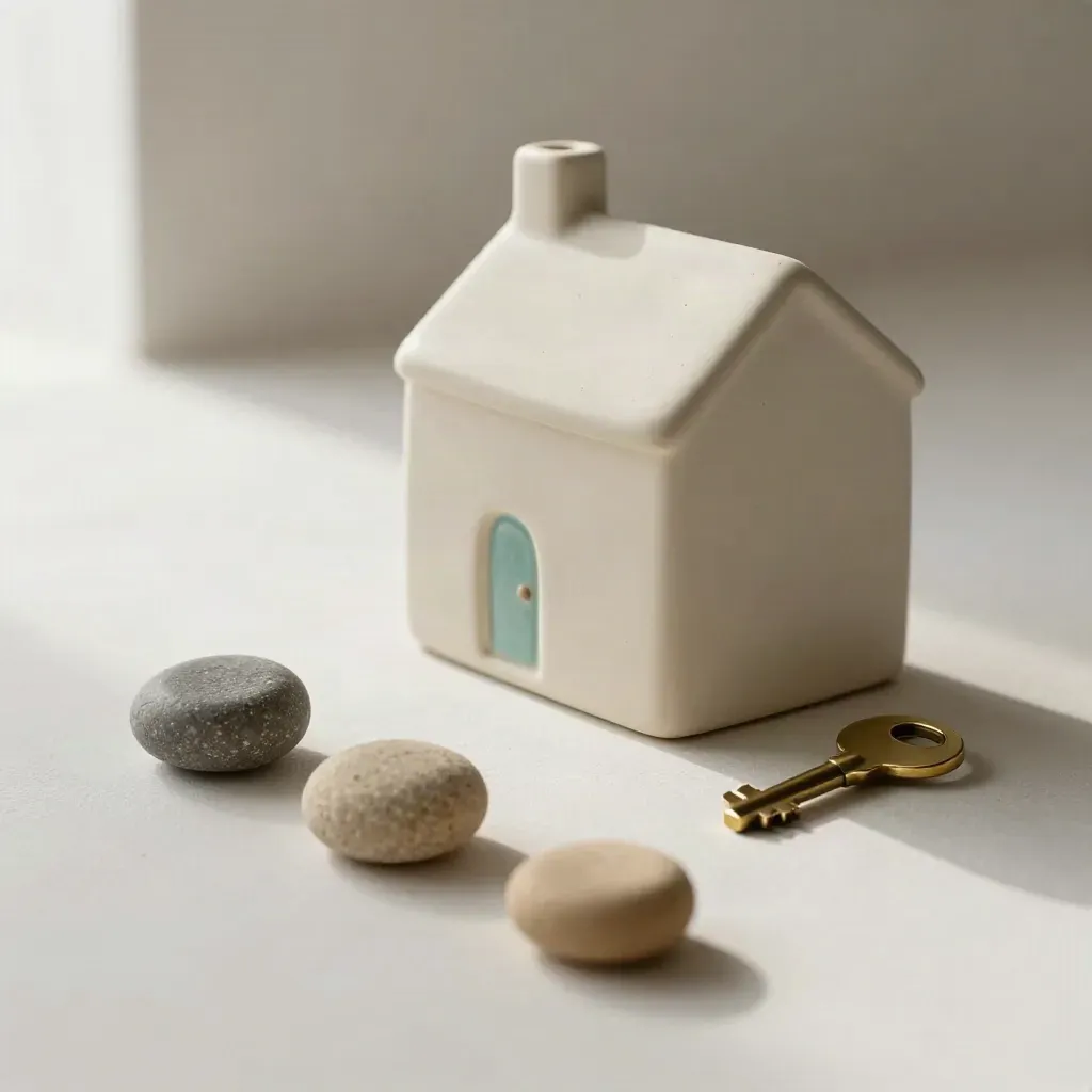 Ceramic house, three stone tokens and brass key on an off-white plaster sweep.