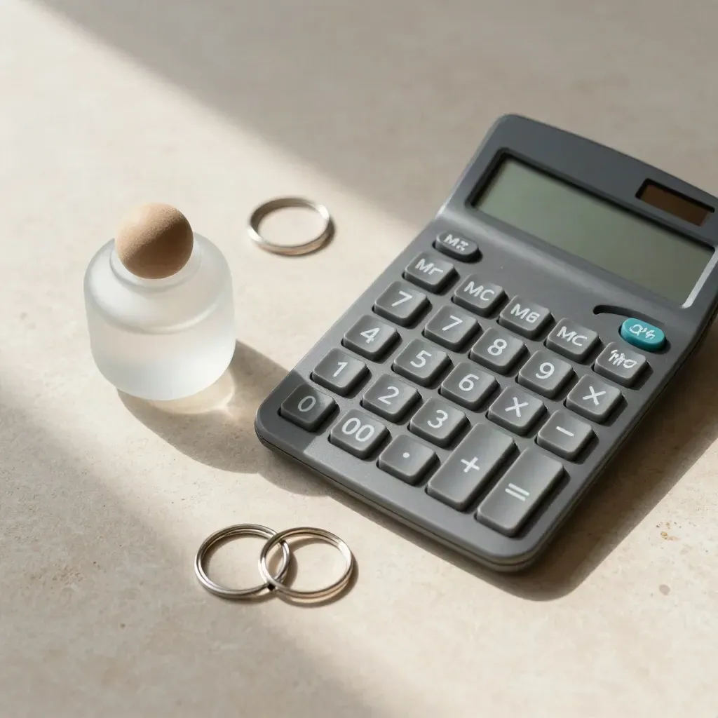 Overhead budget kit with calculator, key rings and savings jar on pale stone.