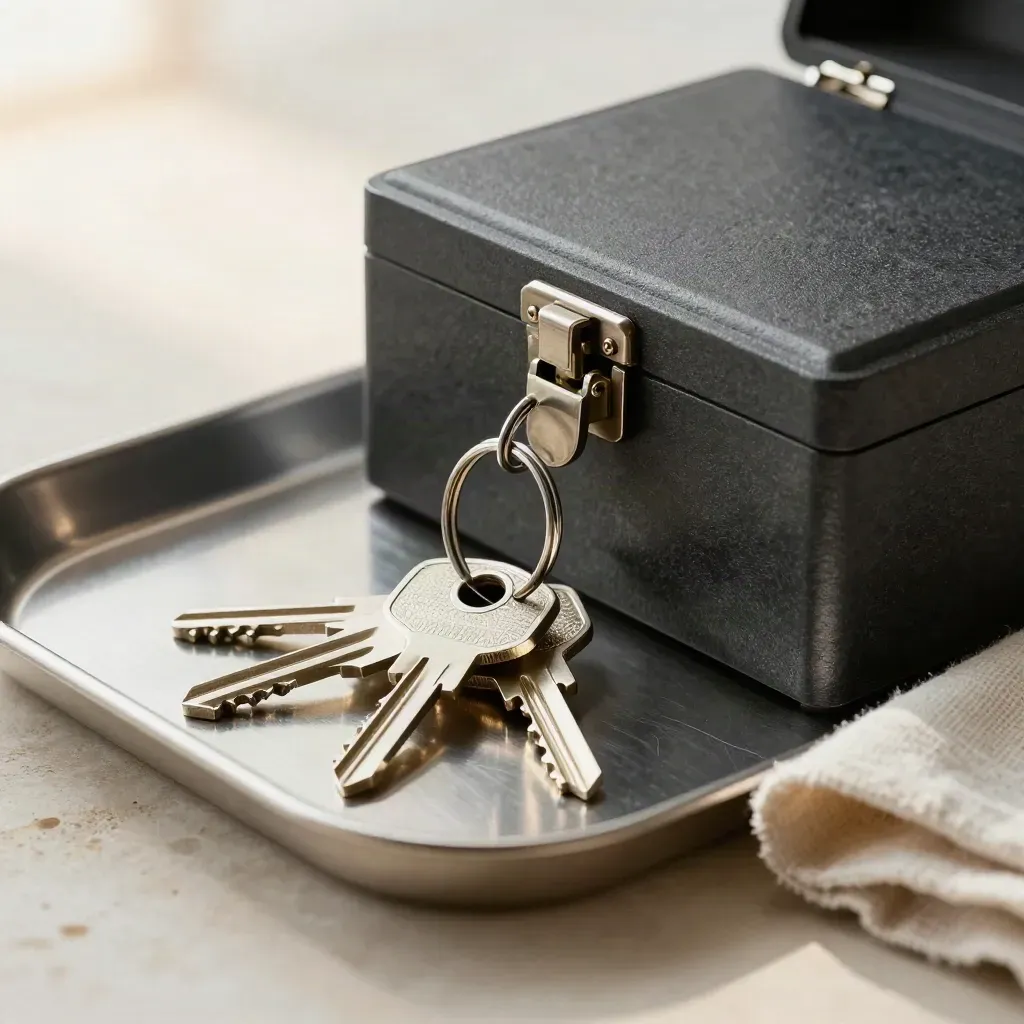 Open lockbox with house keys and key ring on a brushed metal tray, cool studio light.