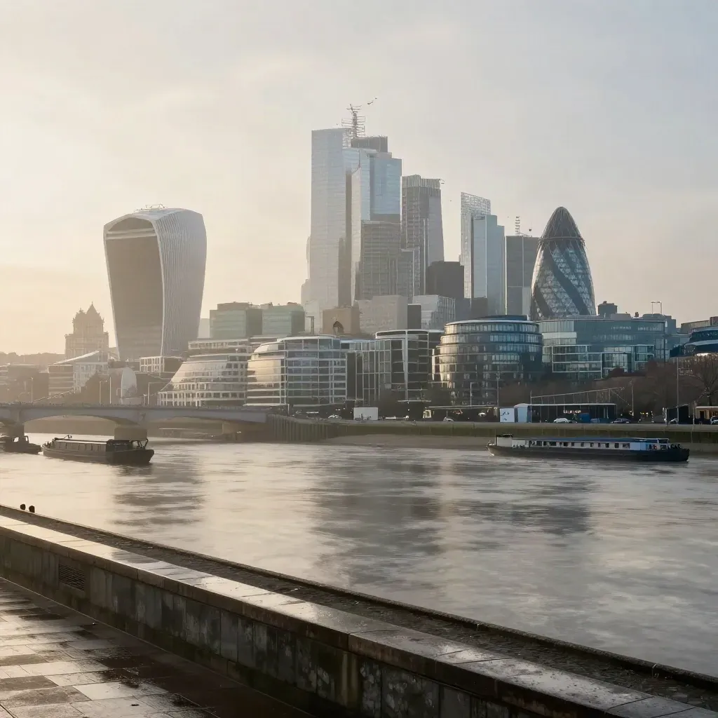 Hazy Greater London skyline over the Thames in warm post-rain light.