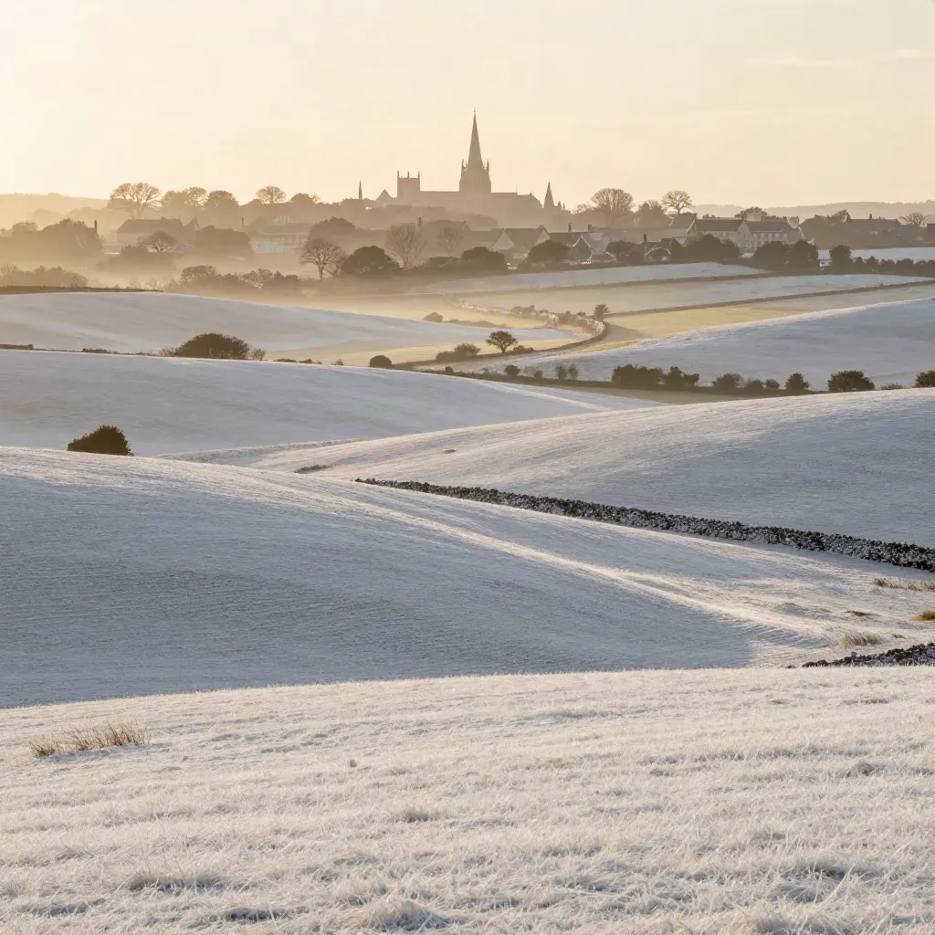 Sunrise chalk downs with a distant cathedral town silhouette and misty fields.