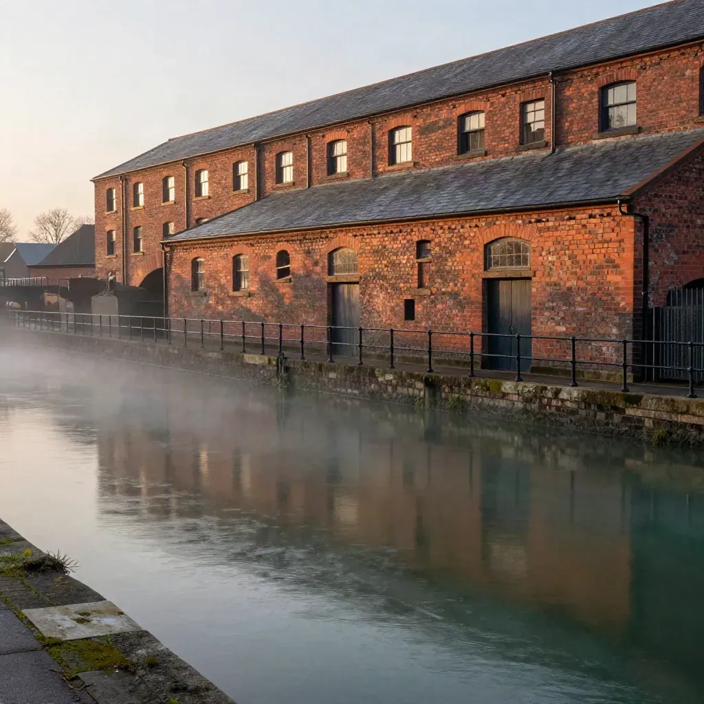 Golden-hour canal basin with red-brick mills and bridge arches over calm misty water.