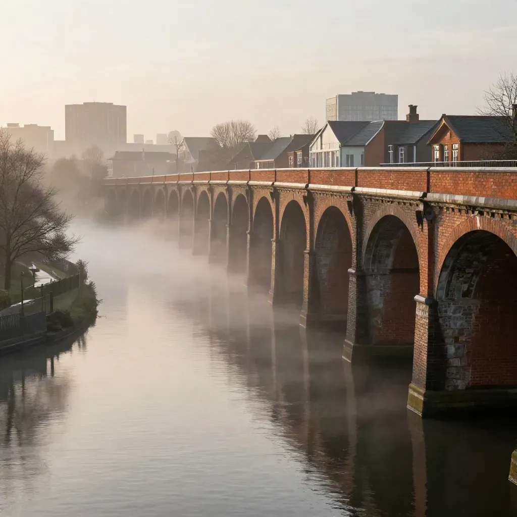 West Midlands canal curve with brick viaducts and misty sunrise skyline