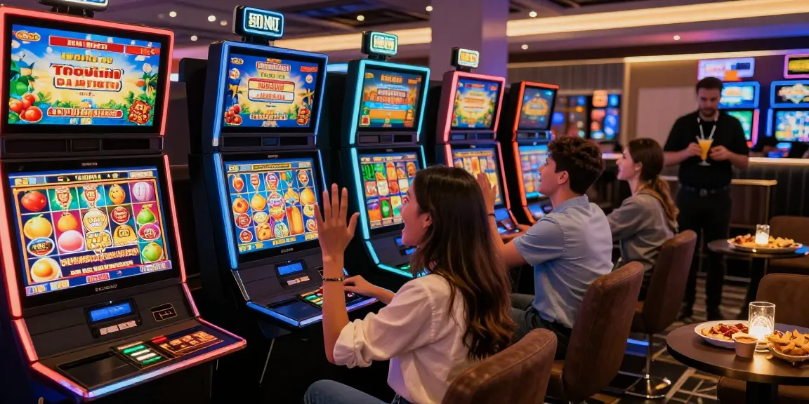 Friends celebrating while playing non gamstop slots in a vibrant casino lounge.