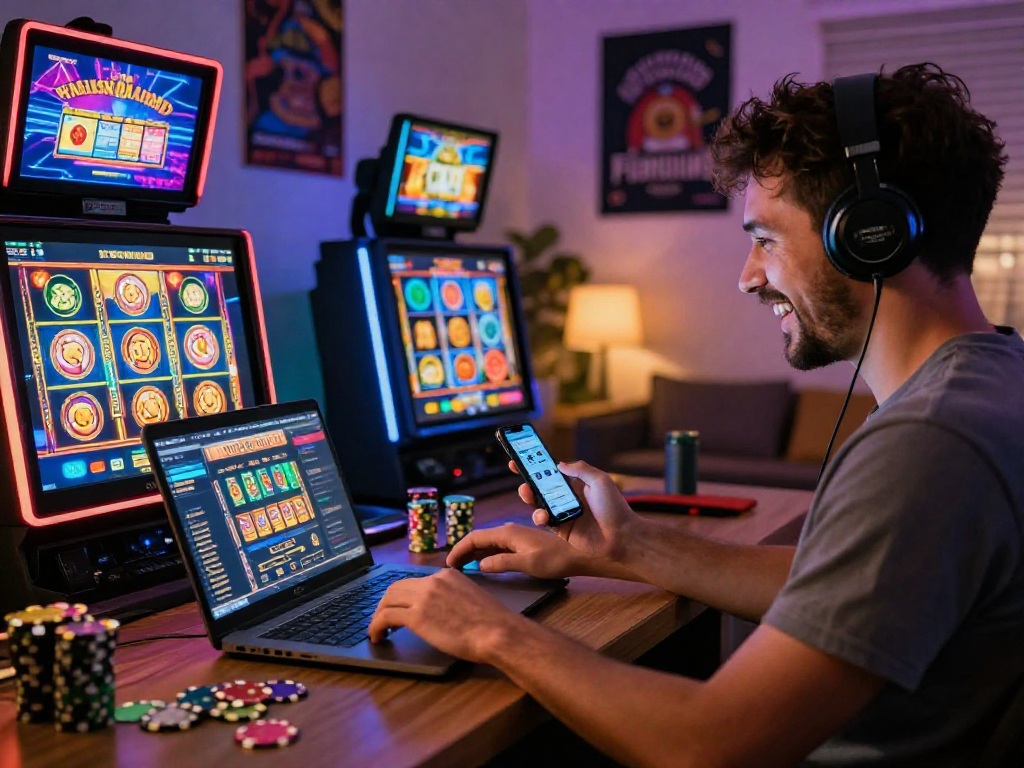 Engaging GB444 online casino experience with vibrant game graphics and excited user at home