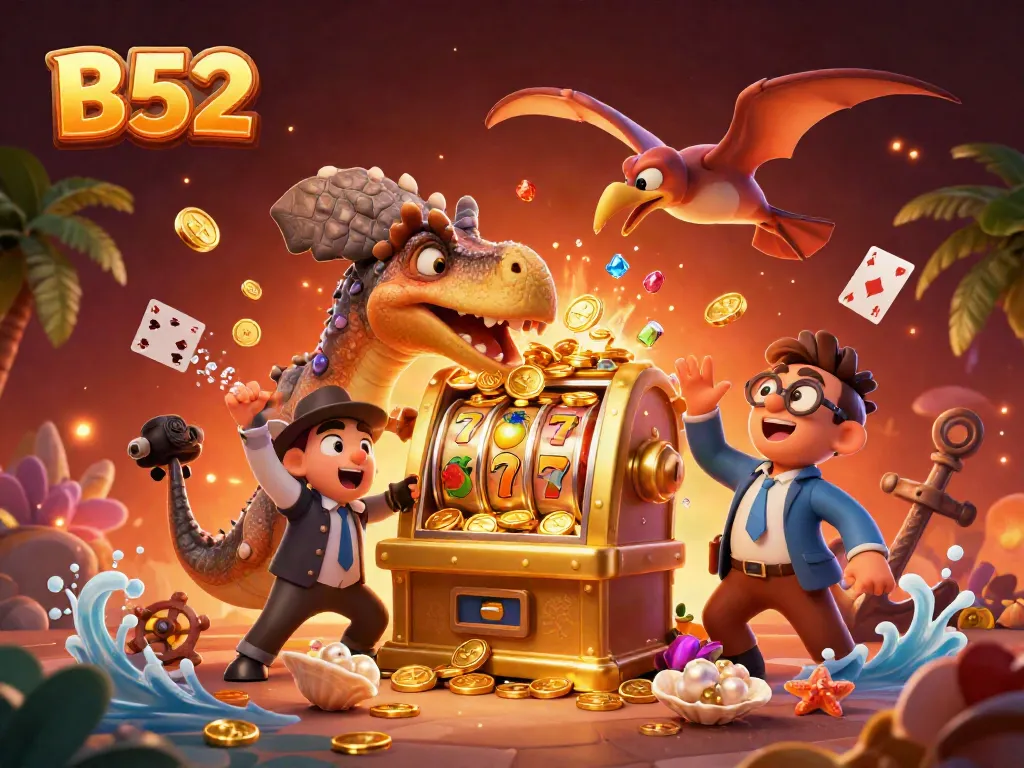 B52 features a chaotic 3D dinosaur scene where characters engage with a golden slot machine and flying coins, illustrating vibrant casino action.
