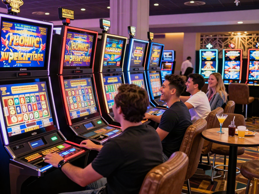 Players enjoying vibrant non gamstop slots in a lively casino atmosphere.
