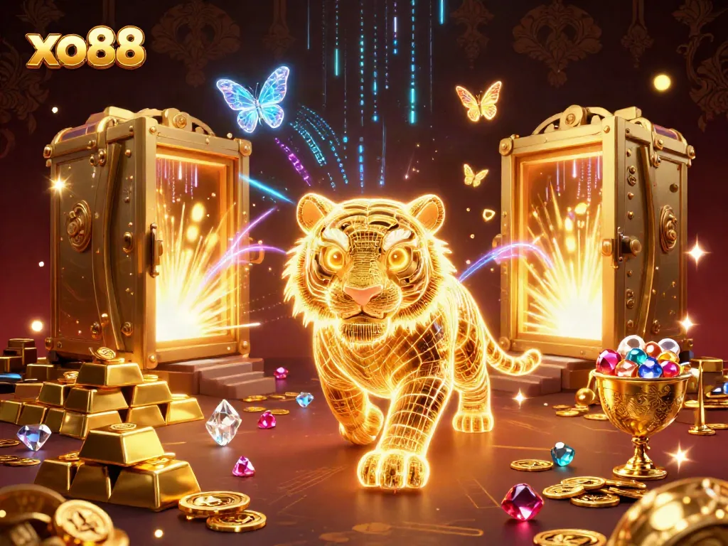 Experience thrilling wins at xo88 with a vibrant digital casino landscape featuring golden tiger and treasures.