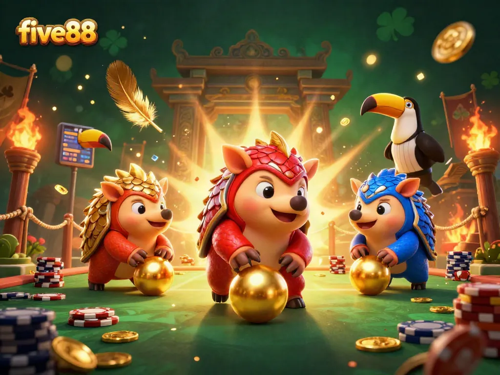 Engage in thrilling games at five88, where rival pangolins compete amid dramatic casino elements and golden confetti.