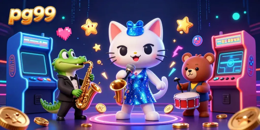 Experience the vibrant entertainment at pg99, featuring engaging games and captivating characters in a bustling casino.
