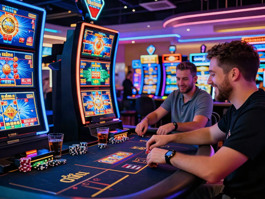 Player enjoying non gamstop slots amidst vibrant casino lights and screens