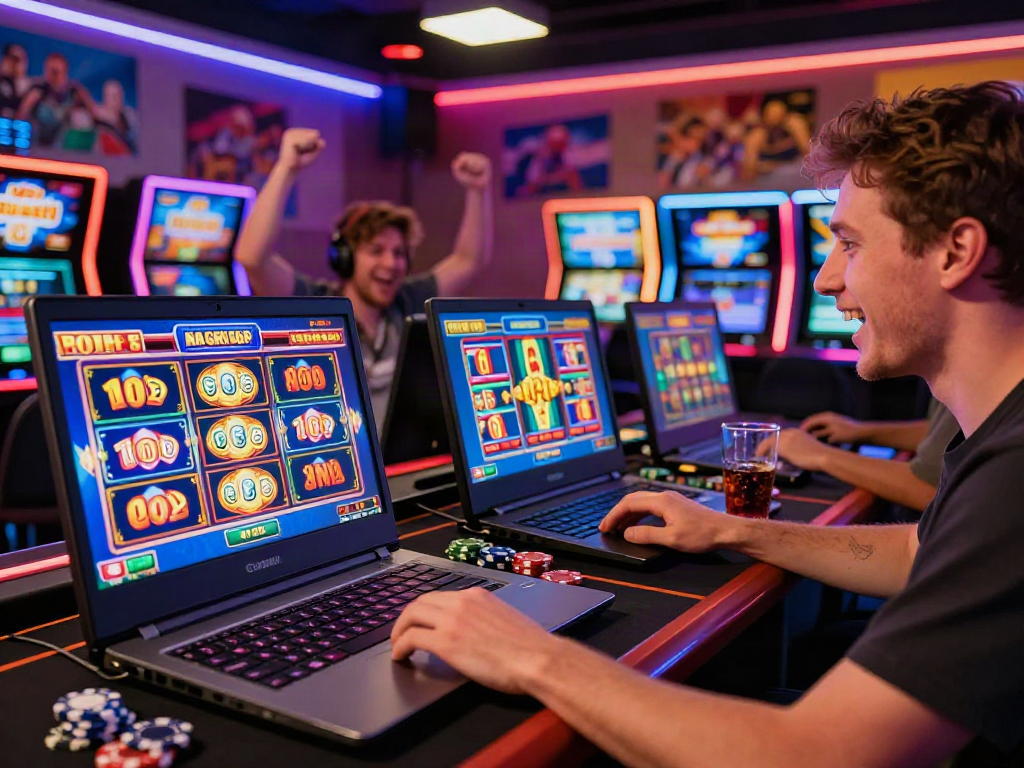 Player enjoying non gamstop slots on a modern gaming laptop with vibrant casino ambiance.