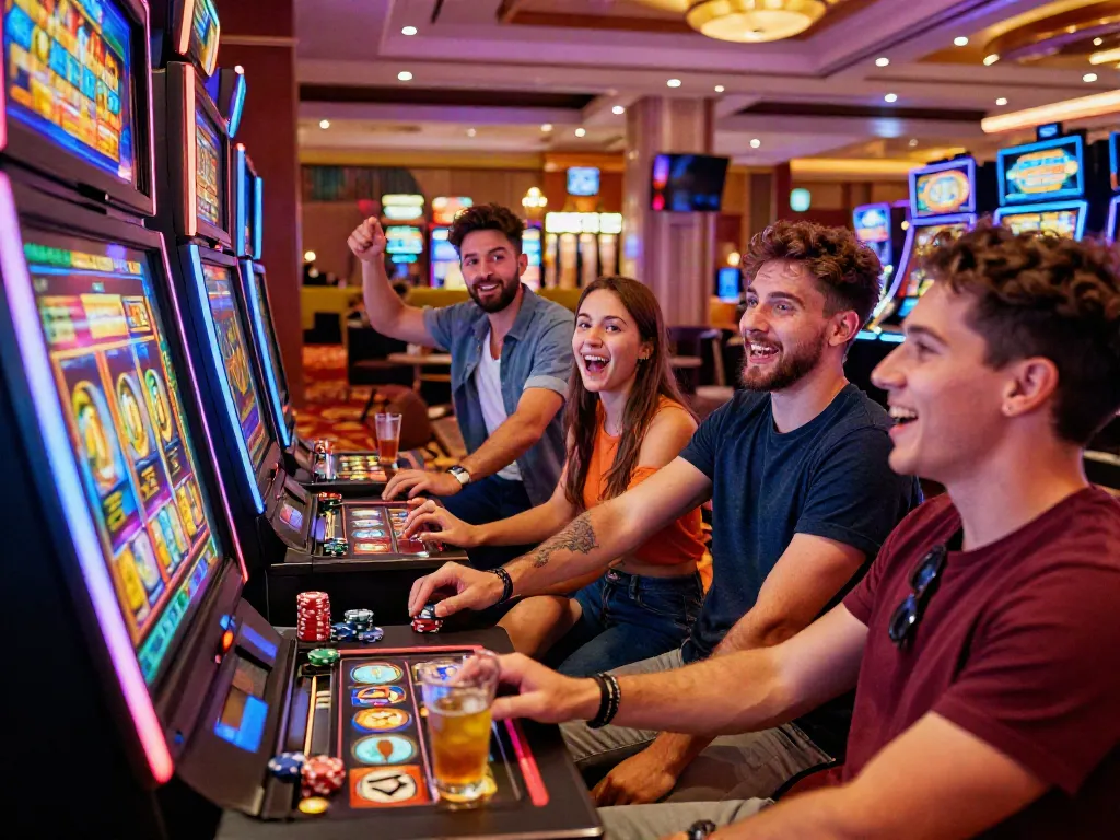Friends enjoying non GamStop slots at a vibrant casino, capturing excitement and camaraderie.
