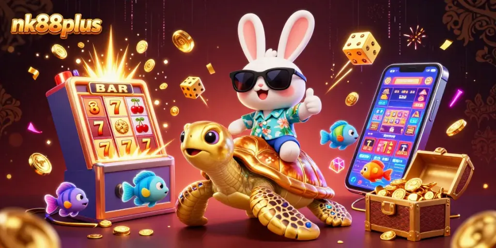 Play thrilling slots with nk88plus while enjoying an adorable rabbit and turtle adventure!